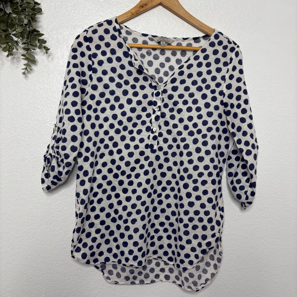 Hester & Orchard Linen Blend Polka Dot Henley Blouse Navy White Small - Picture 2 of 6